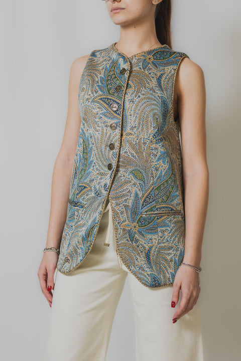 ETRO GILET OVER REALIZZATO NEL TESSUTO COTONE E VISCOSA FANTASIA PESLEY E BOTTONI METALLO PEGASO